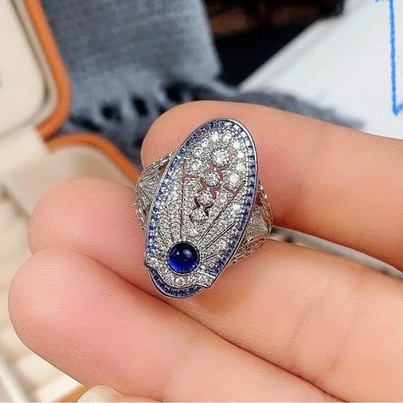 Edwardian Style White and Blue Saphire Ring - Picture 2 of 4